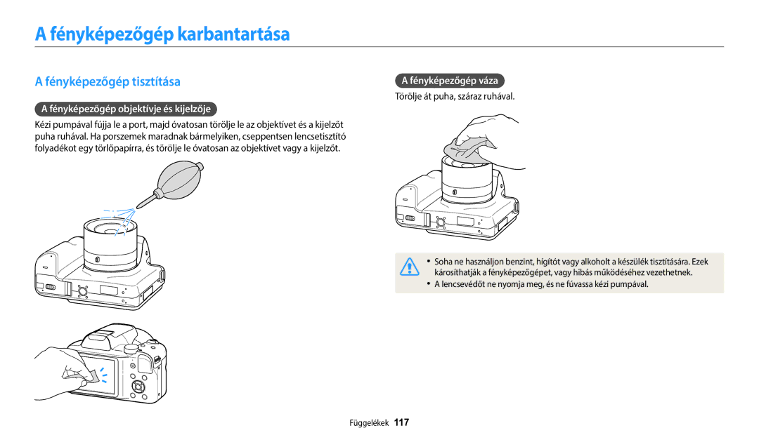 Samsung EC-WB1100BPBE3 manual Fényképezőgép karbantartása, Fényképezőgép tisztítása, Fényképezőgép objektívje és kijelzője 