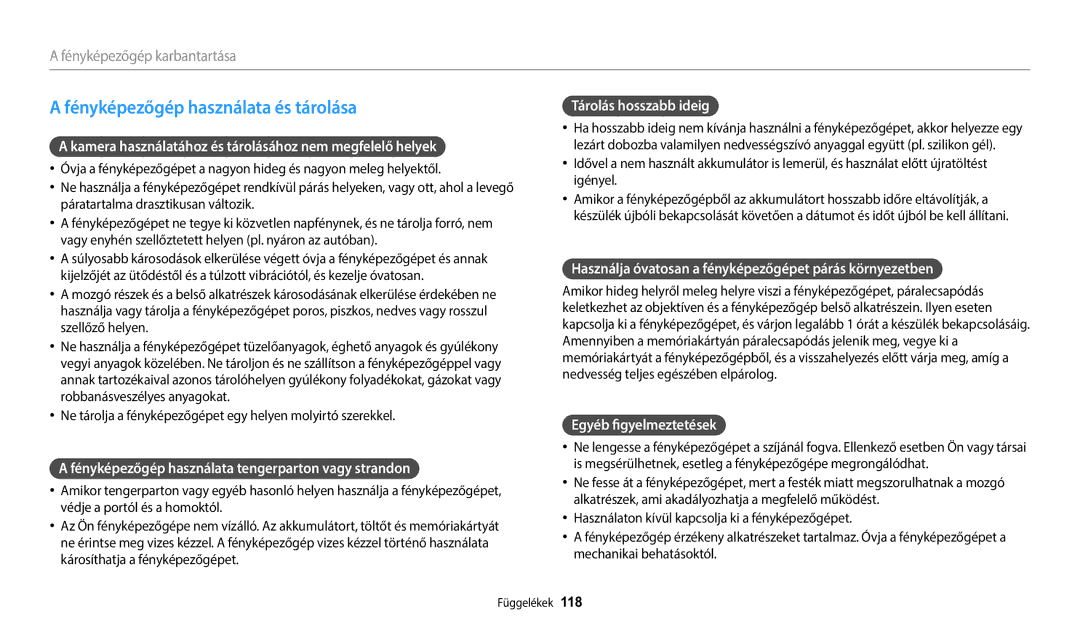 Samsung EC-WB1100BPRE3, EC-WB1100BPBE3 manual Fényképezőgép használata és tárolása 