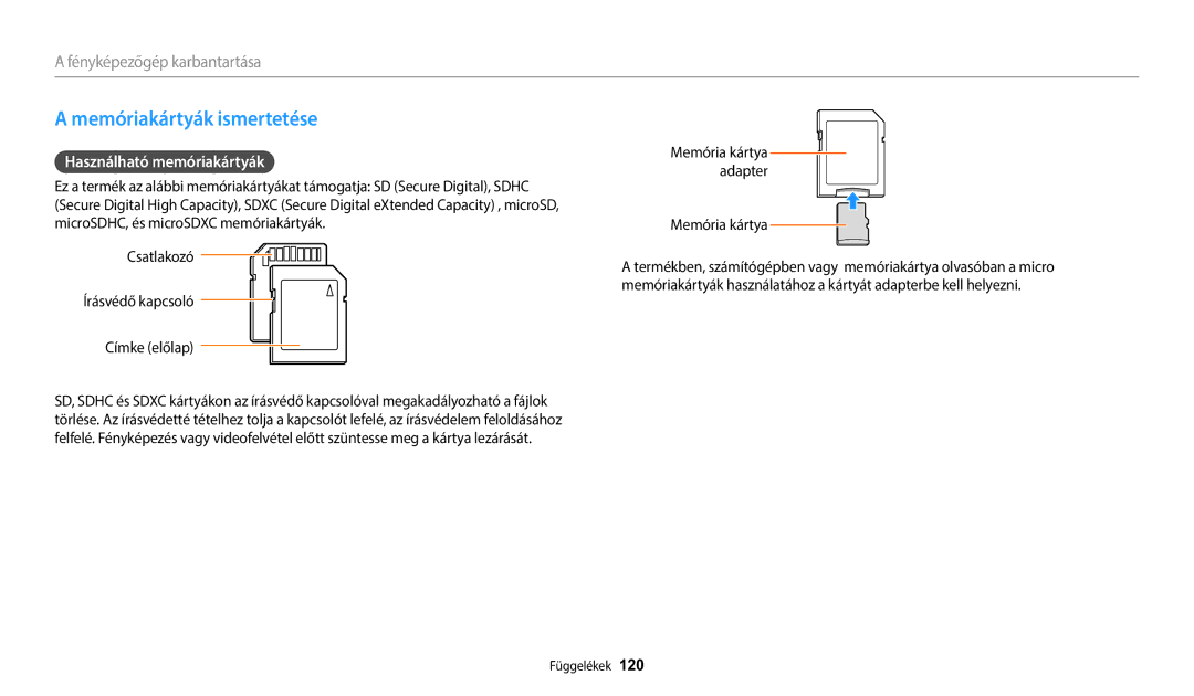 Samsung EC-WB1100BPRE3 Memóriakártyák ismertetése, Használható memóriakártyák, Csatlakozó Írásvédő kapcsoló Címke előlap 