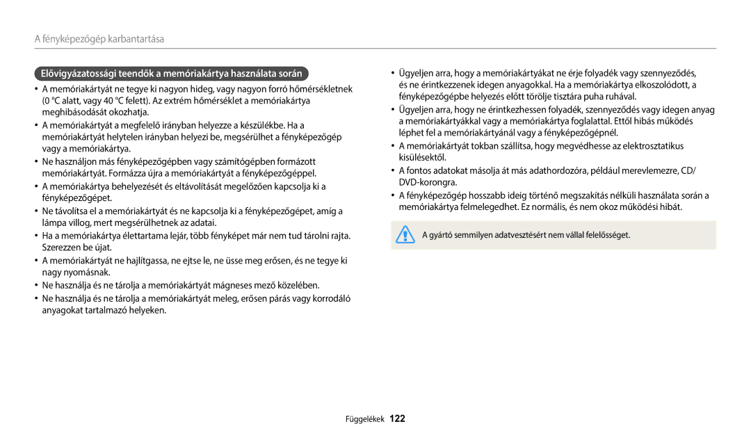 Samsung EC-WB1100BPRE3, EC-WB1100BPBE3 manual Elővigyázatossági teendők a memóriakártya használata során 