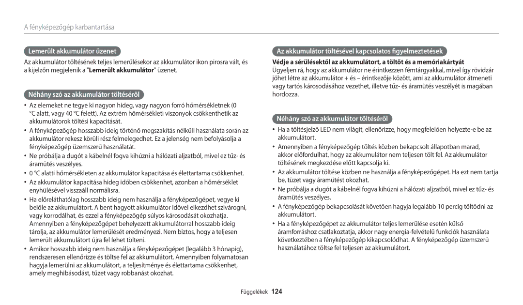 Samsung EC-WB1100BPRE3, EC-WB1100BPBE3 manual Lemerült akkumulátor üzenet, Néhány szó az akkumulátor töltéséről 