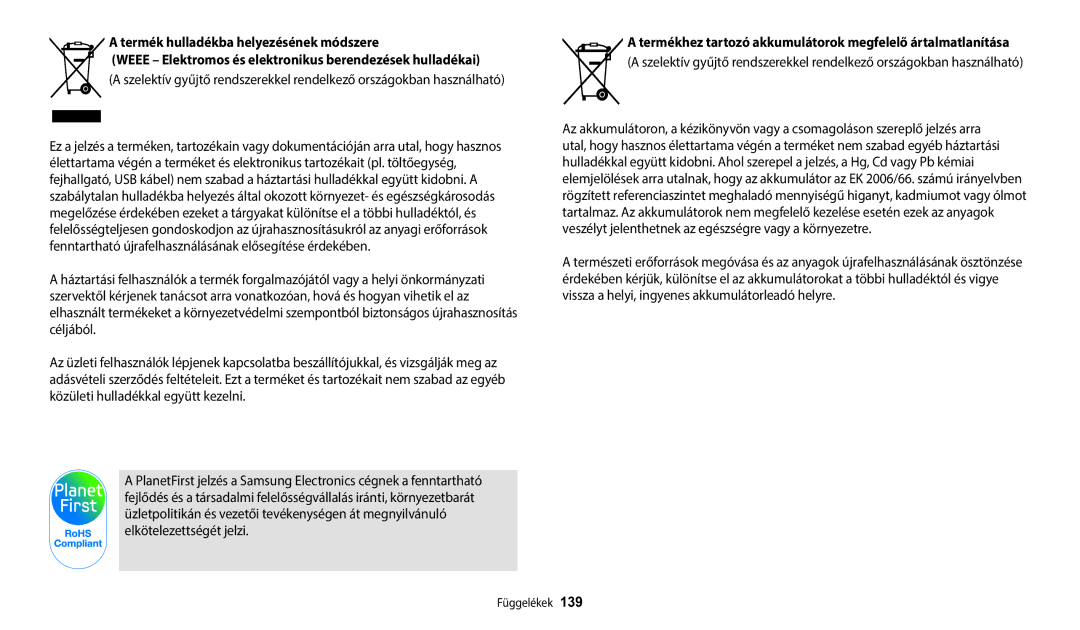 Samsung EC-WB1100BPBE3 Termék hulladékba helyezésének módszere, Weee Elektromos és elektronikus berendezések hulladékai 