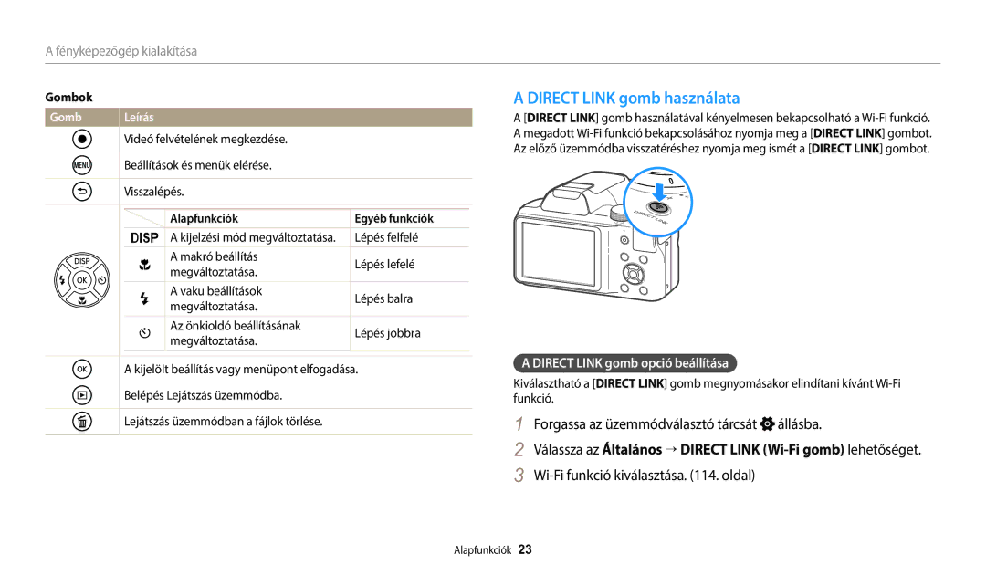 Samsung EC-WB1100BPBE3, EC-WB1100BPRE3 manual Állásba, Gomb Leírás, Direct Link gomb opció beállítása 
