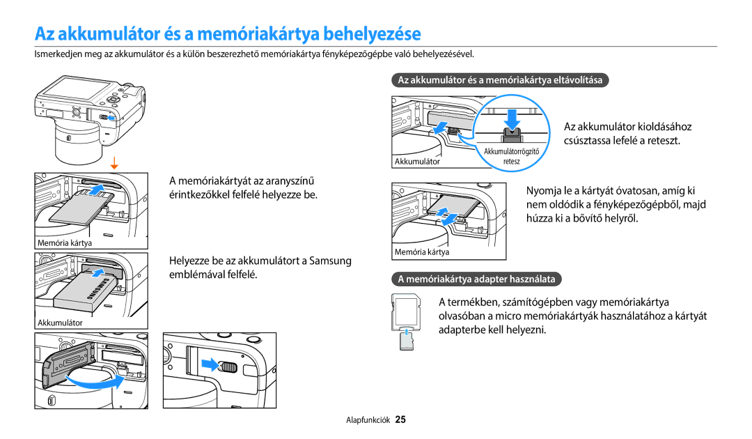 Samsung EC-WB1100BPBE3 manual Az akkumulátor és a memóriakártya behelyezése, Helyezze be az akkumulátort a Samsung 