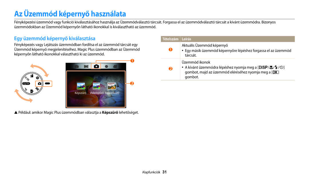 Samsung EC-WB1100BPBE3, EC-WB1100BPRE3 Az Üzemmód képernyő használata, Egy üzemmód képernyő kiválasztása, Tételszám Leírás 