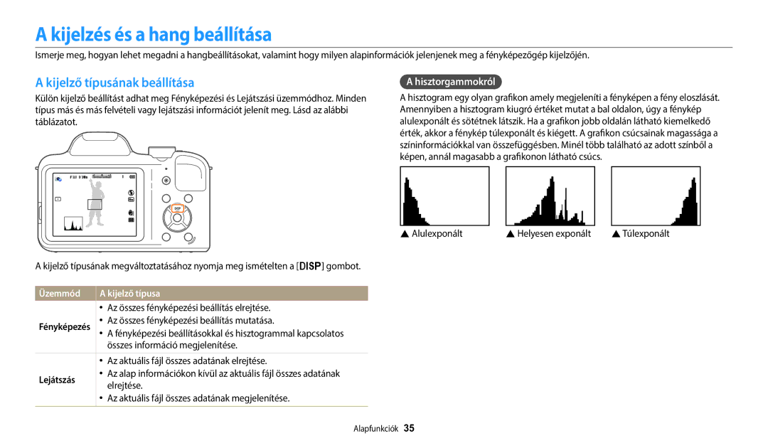 Samsung EC-WB1100BPBE3 manual Kijelzés és a hang beállítása, Kijelző típusának beállítása, Hisztorgammokról, Lejátszás 