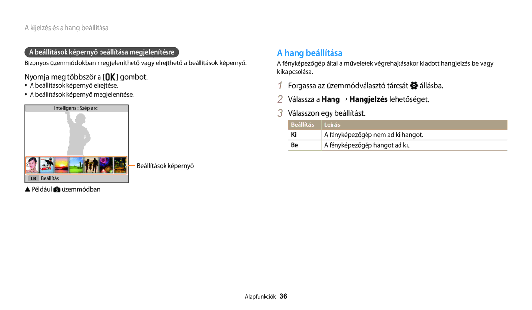 Samsung EC-WB1100BPRE3 Hang beállítása, Nyomja meg többször a o gombot, Beállítások képernyő beállítása megjelenítésre 