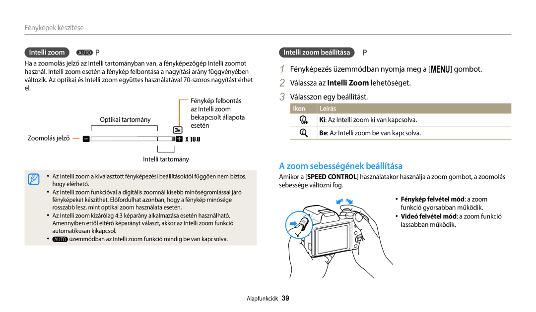 Samsung EC-WB1100BPBE3 manual Zoom sebességének beállítása, Intelli zoom beállítása, Fénykép felvétel mód a zoom 
