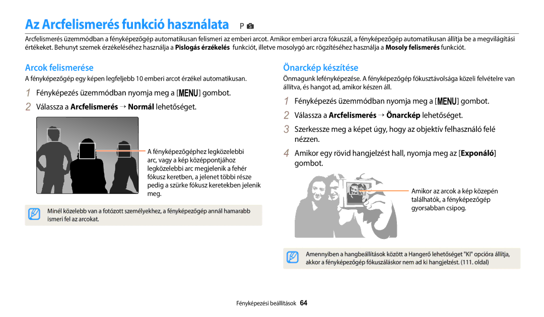 Samsung EC-WB1100BPRE3, EC-WB1100BPBE3 manual Az Arcfelismerés funkció használata, Arcok felismerése, Önarckép készítése 