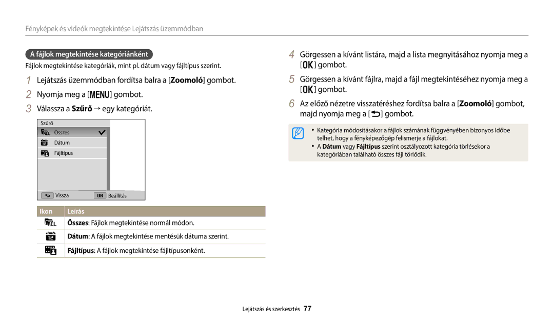 Samsung EC-WB1100BPBE3, EC-WB1100BPRE3 manual Fájlok megtekintése kategóriánként, Összes Fájlok megtekintése normál módon 