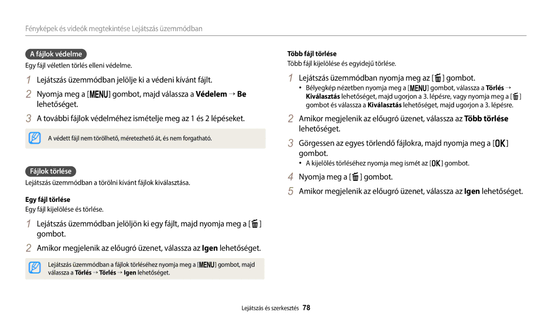 Samsung EC-WB1100BPRE3, EC-WB1100BPBE3 Lejátszás üzemmódban nyomja meg az f gombot, Nyomja meg a f gombot, Fájlok védelme 