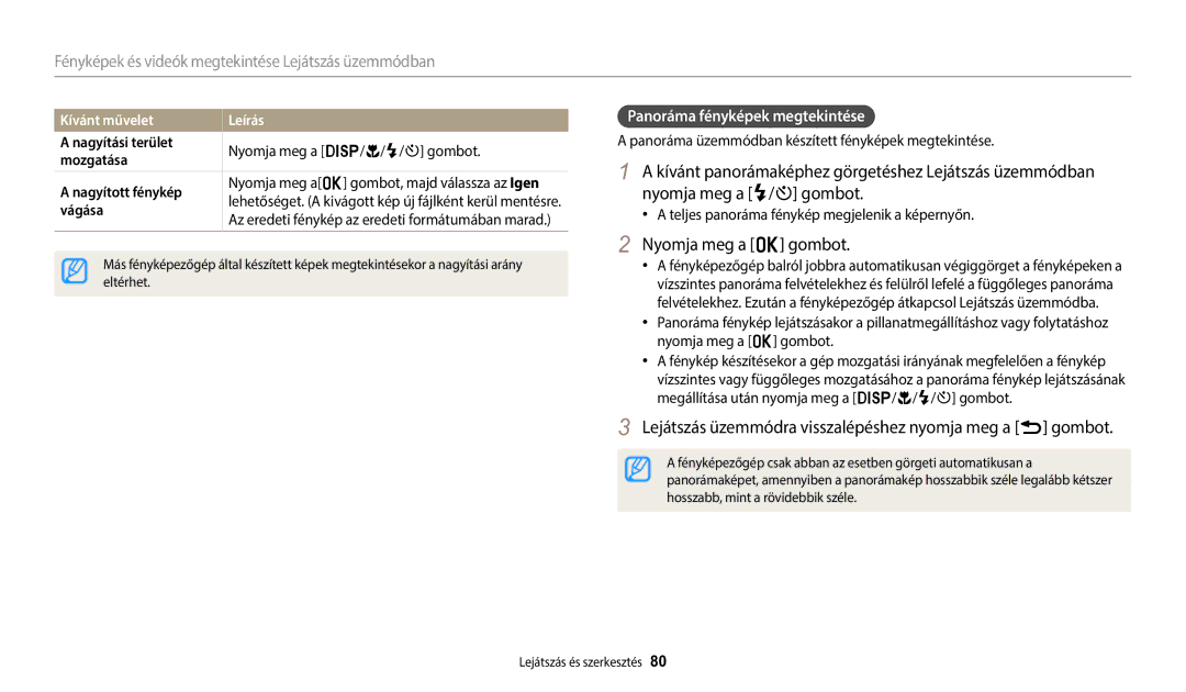 Samsung EC-WB1100BPRE3 Lejátszás üzemmódra visszalépéshez nyomja meg a r gombot, Panoráma fényképek megtekintése, Vágása 