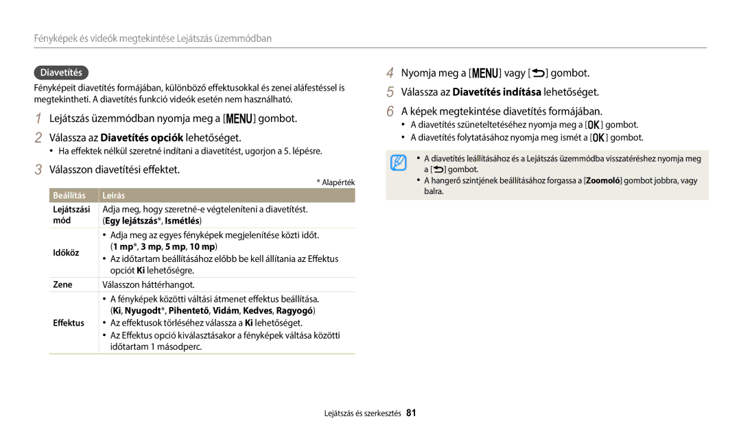 Samsung EC-WB1100BPBE3, EC-WB1100BPRE3 manual Válasszon diavetítési effektet, Diavetítés 