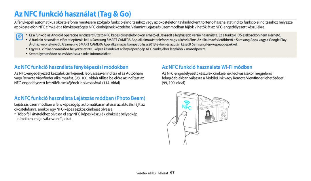 Samsung EC-WB1100BPBE3, EC-WB1100BPRE3 Az NFC funkció használat Tag & Go, Az NFC funkció használata fényképezési módokban 