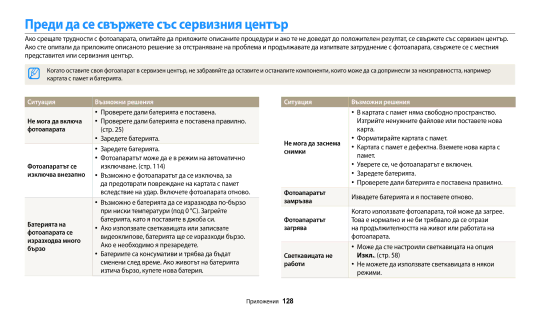 Samsung EC-WB1100BPBE3 manual Преди да се свържете със сервизния център, Ситуация Възможни решения 