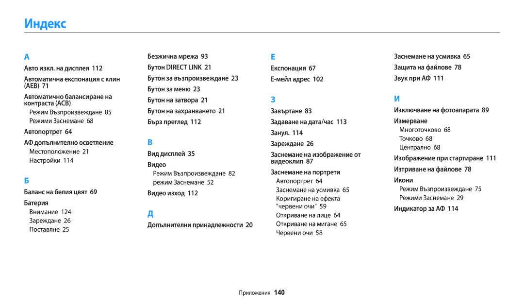 Samsung EC-WB1100BPBE3 manual Индекс, Mестоположение 21 Настройки, Откриване на лице 64 Откриване на мигане 65 Червени очи 