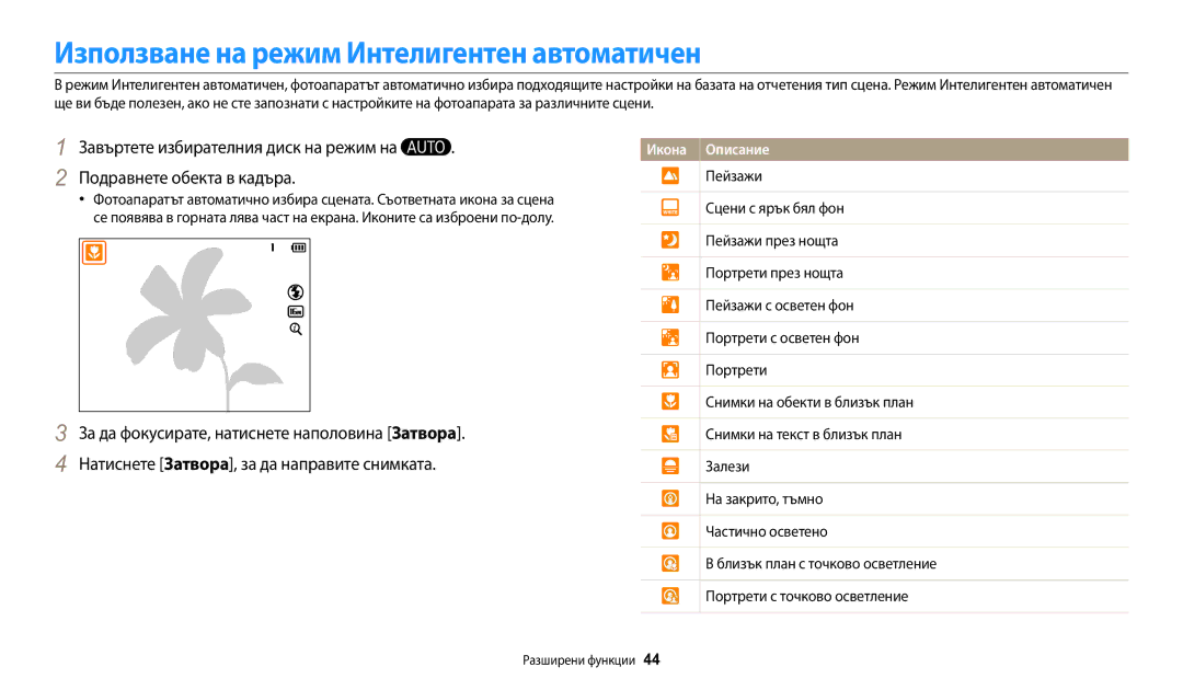 Samsung EC-WB1100BPBE3 manual Използване на режим Интелигентен автоматичен, Икона Описание 