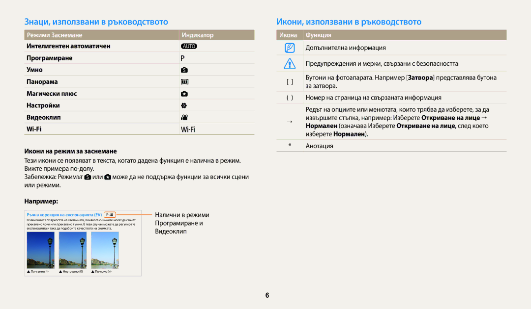 Samsung EC-WB1100BPBE3 Знаци, използвани в ръководството, Икони, използвани в ръководството, Режими Заснемане, Например 