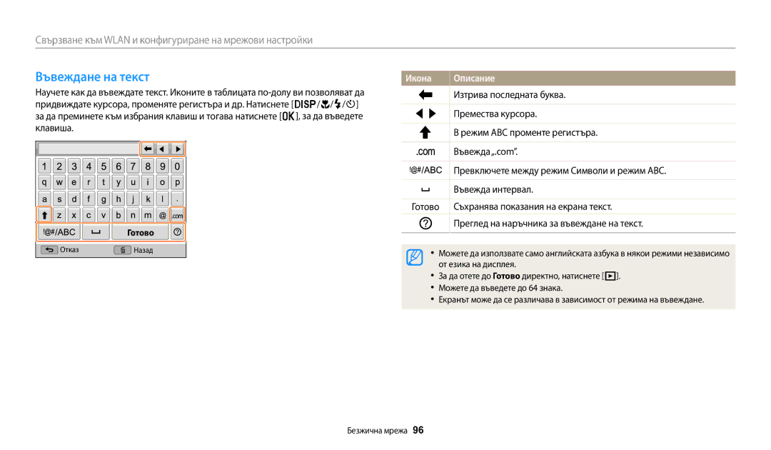 Samsung EC-WB1100BPBE3 manual Въвеждане на текст, Икона 