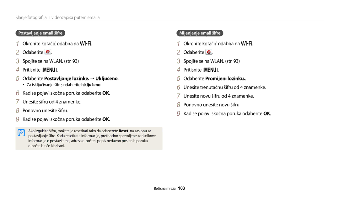 Samsung EC-WB1100BPBE3 Odaberite Postavljanje lozinke. → Uključeno, Odaberite Promijeni lozinku, Postavljanje email šifre 
