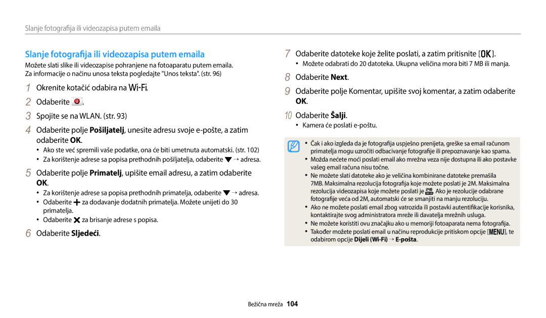 Samsung EC-WB1100BPBE3 manual Slanje fotografija ili videozapisa putem emaila, Kamera će poslati e-poštu 