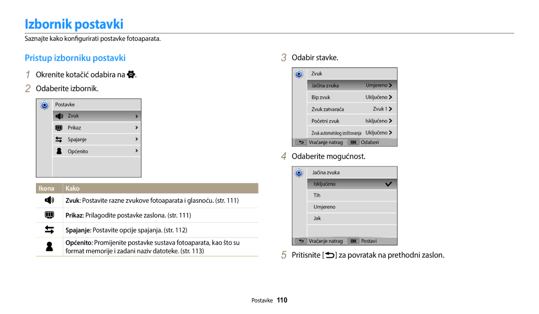 Samsung EC-WB1100BPBE3 manual Izbornik postavki, Pristup izborniku postavki, Okrenite kotačić odabira na Odaberite izbornik 