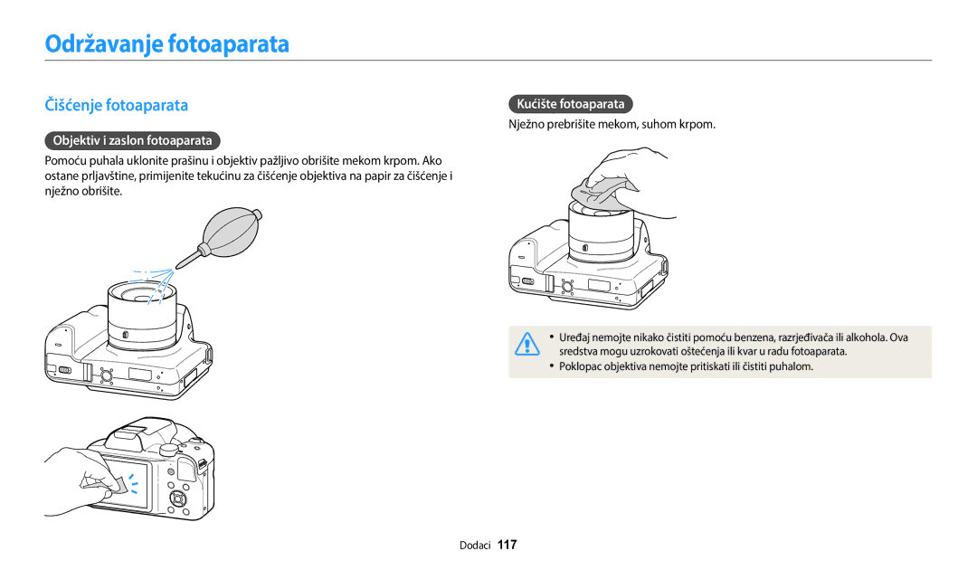 Samsung EC-WB1100BPBE3 Održavanje fotoaparata, Čišćenje fotoaparata, Objektiv i zaslon fotoaparata, Kućište fotoaparata 