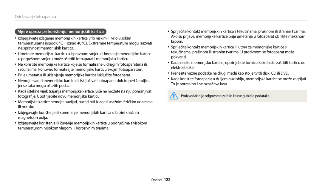 Samsung EC-WB1100BPBE3 manual Mjere opreza pri korištenju memorijskih kartica 