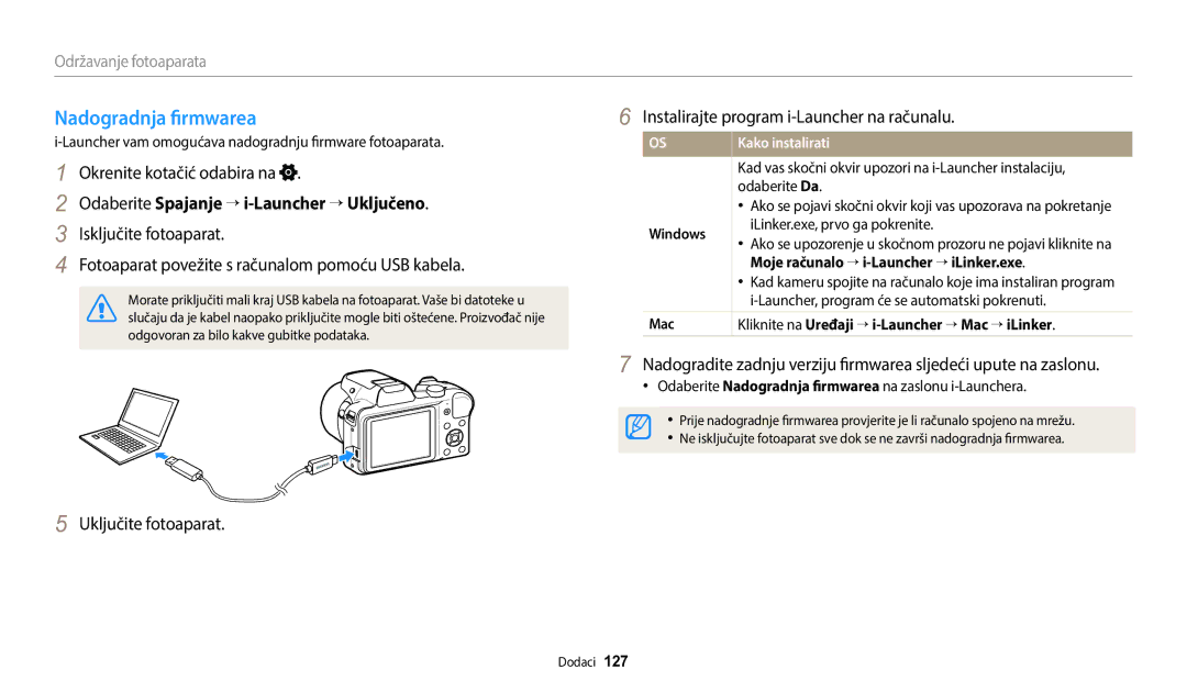 Samsung EC-WB1100BPBE3 manual Nadogradnja firmwarea, Odaberite Spajanje → i-Launcher → Uključeno, Kako instalirati 