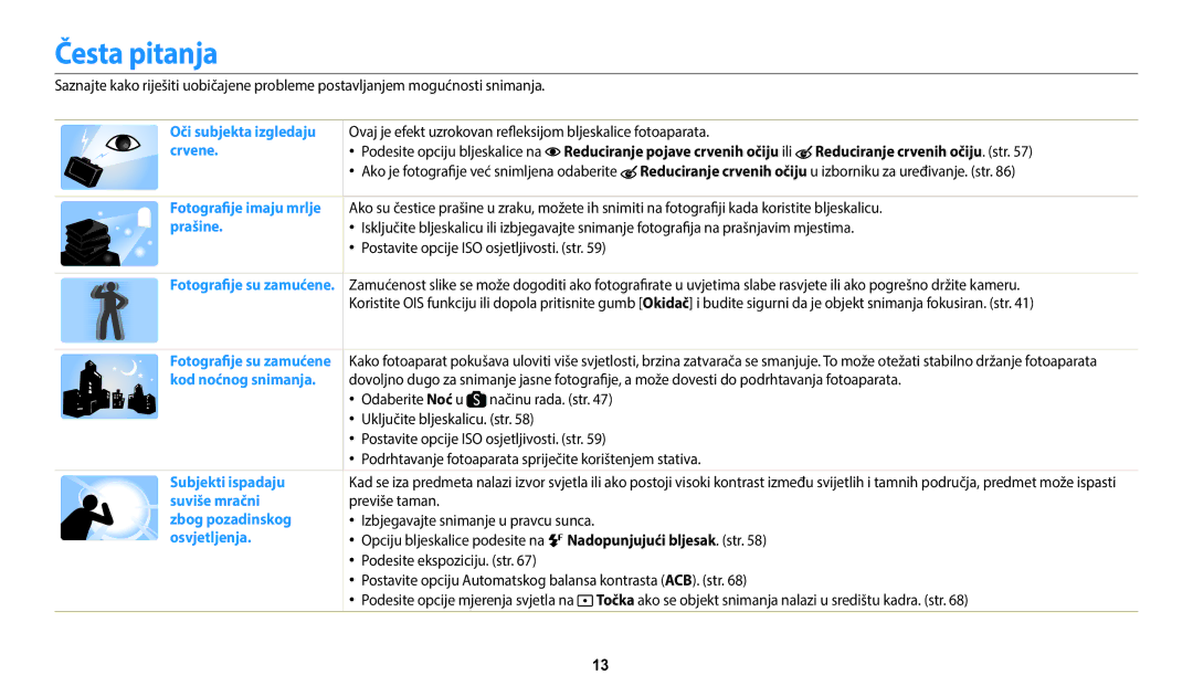 Samsung EC-WB1100BPBE3 manual Česta pitanja, Reduciranje crvenih očiju. str, Nadopunjujući bljesak. str 