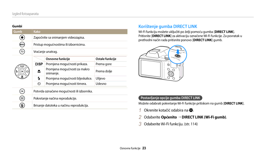 Samsung EC-WB1100BPBE3 manual Korištenje gumba Direct Link, Okrenite kotačić odabira na, Odaberite Wi-Fi funkciju. str 