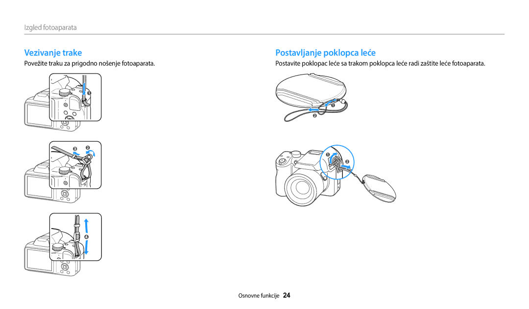 Samsung EC-WB1100BPBE3 manual Vezivanje trake Postavljanje poklopca leće, Povežite traku za prigodno nošenje fotoaparata 