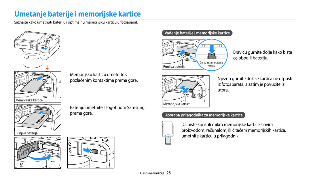 Samsung EC-WB1100BPBE3 manual Umetanje baterije i memorijske kartice, Bravicu gurnite dolje kako biste oslobodili bateriju 