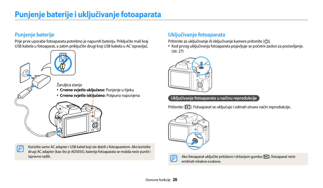 Samsung EC-WB1100BPBE3 manual Punjenje baterije i uključivanje fotoaparata, Uključivanje fotoaparata, Žaruljica stanja 