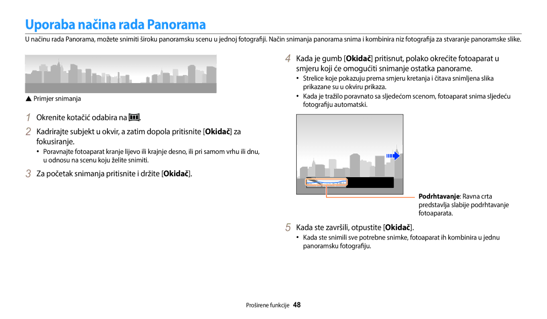 Samsung EC-WB1100BPBE3 manual Uporaba načina rada Panorama, Smjeru koji će omogućiti snimanje ostatka panorame 