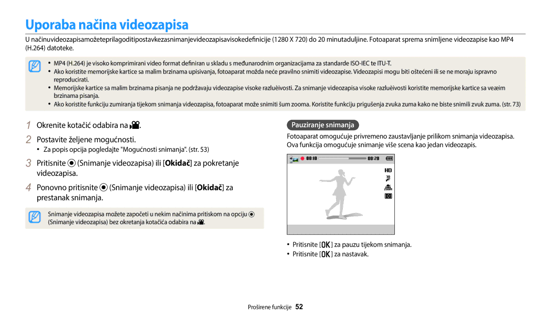 Samsung EC-WB1100BPBE3 manual Uporaba načina videozapisa, Pauziranje snimanja 