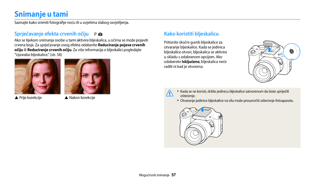 Samsung EC-WB1100BPBE3 manual Snimanje u tami, Sprječavanje efekta crvenih očiju, Kako koristiti bljeskalicu 