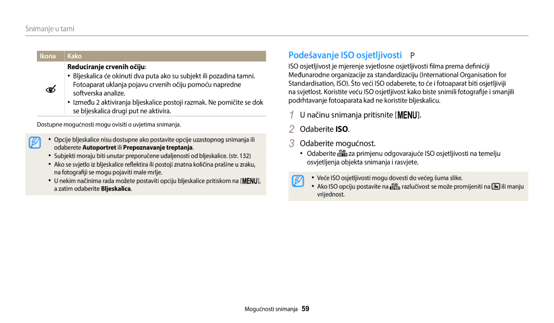 Samsung EC-WB1100BPBE3 manual Podešavanje ISO osjetljivosti, Reduciranje crvenih očiju 