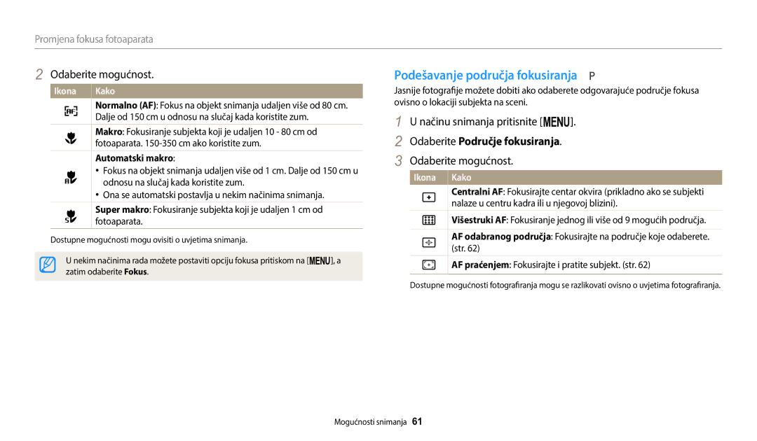 Samsung EC-WB1100BPBE3 manual Podešavanje područja fokusiranja, Odaberite Područje fokusiranja, Promjena fokusa fotoaparata 