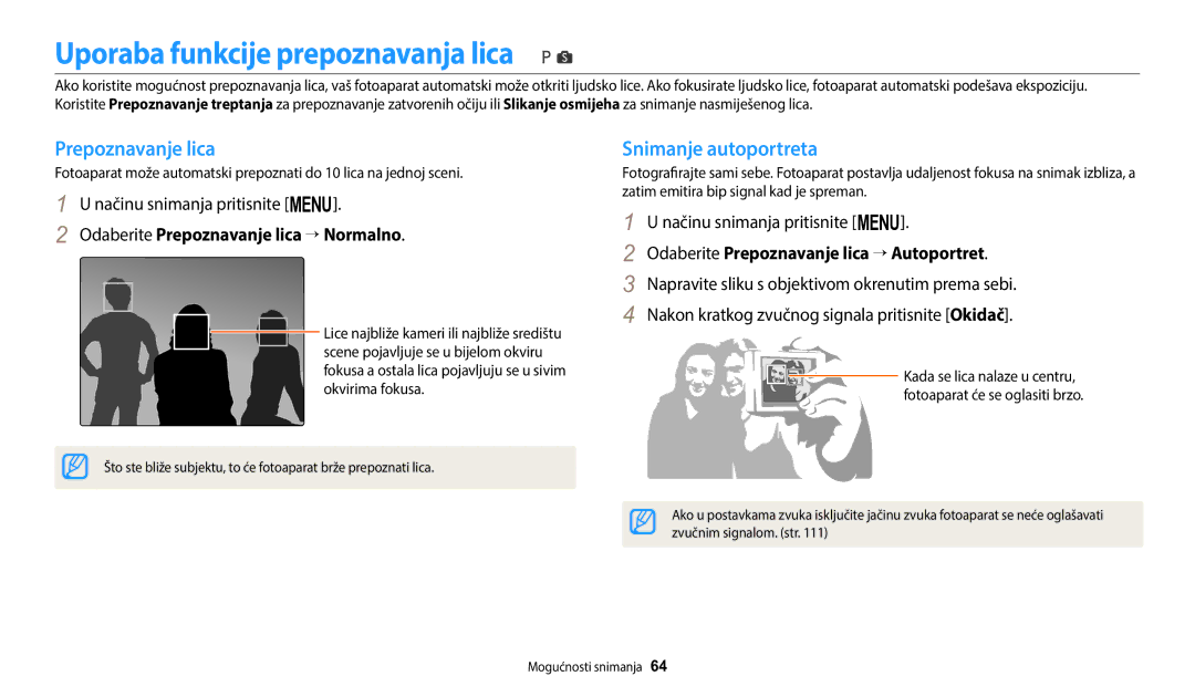 Samsung EC-WB1100BPBE3 manual Uporaba funkcije prepoznavanja lica, Prepoznavanje lica, Snimanje autoportreta 