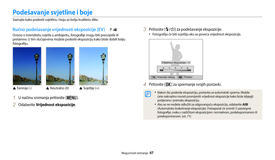 Samsung EC-WB1100BPBE3 manual Podešavanje svjetline i boje, Ručno podešavanje vrijednosti ekspozicije EV 