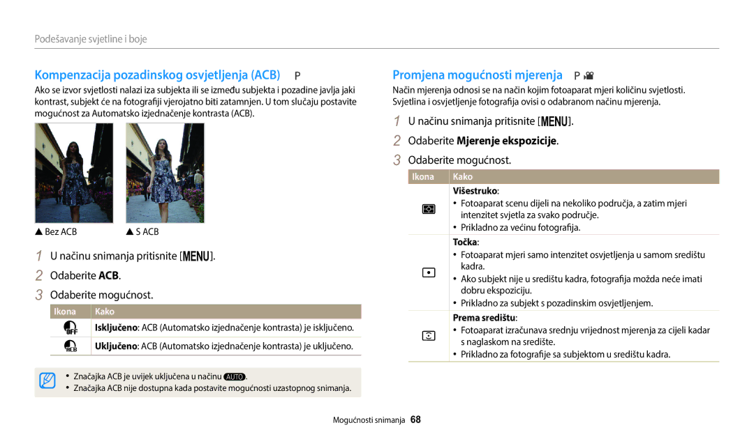 Samsung EC-WB1100BPBE3 manual Kompenzacija pozadinskog osvjetljenja ACB, Promjena mogućnosti mjerenja 