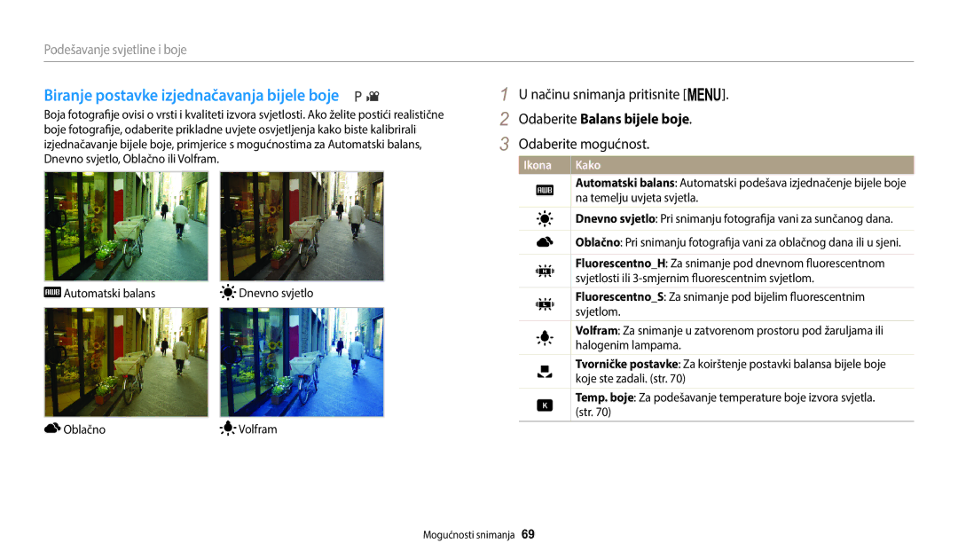 Samsung EC-WB1100BPBE3 manual Biranje postavke izjednačavanja bijele boje, Odaberite Balans bijele boje 