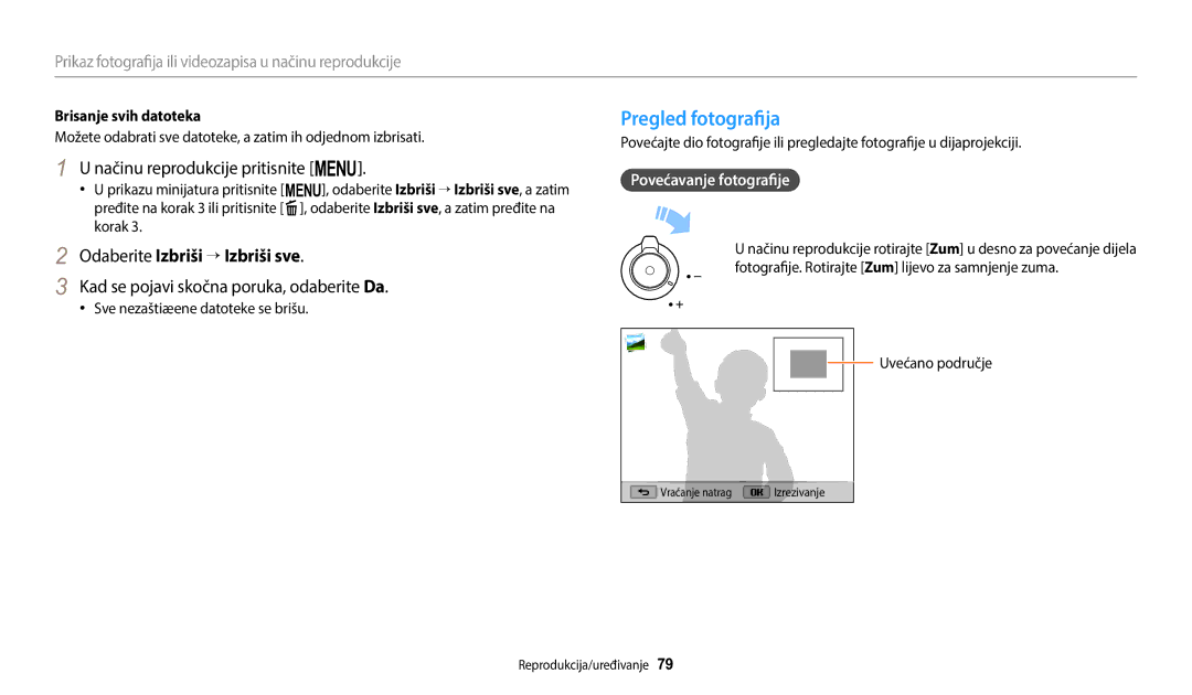 Samsung EC-WB1100BPBE3 manual Pregled fotografija, Načinu reprodukcije pritisnite m, Odaberite Izbriši → Izbriši sve 