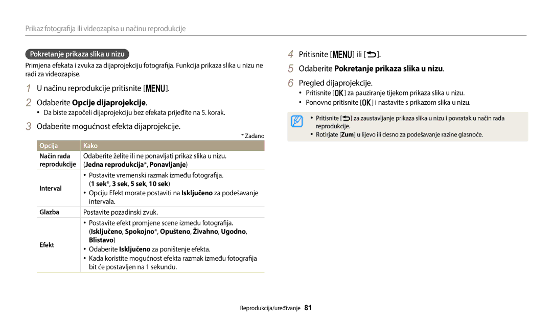 Samsung EC-WB1100BPBE3 Odaberite Opcije dijaprojekcije, Odaberite mogućnost efekta dijaprojekcije, Pritisnite m ili r 