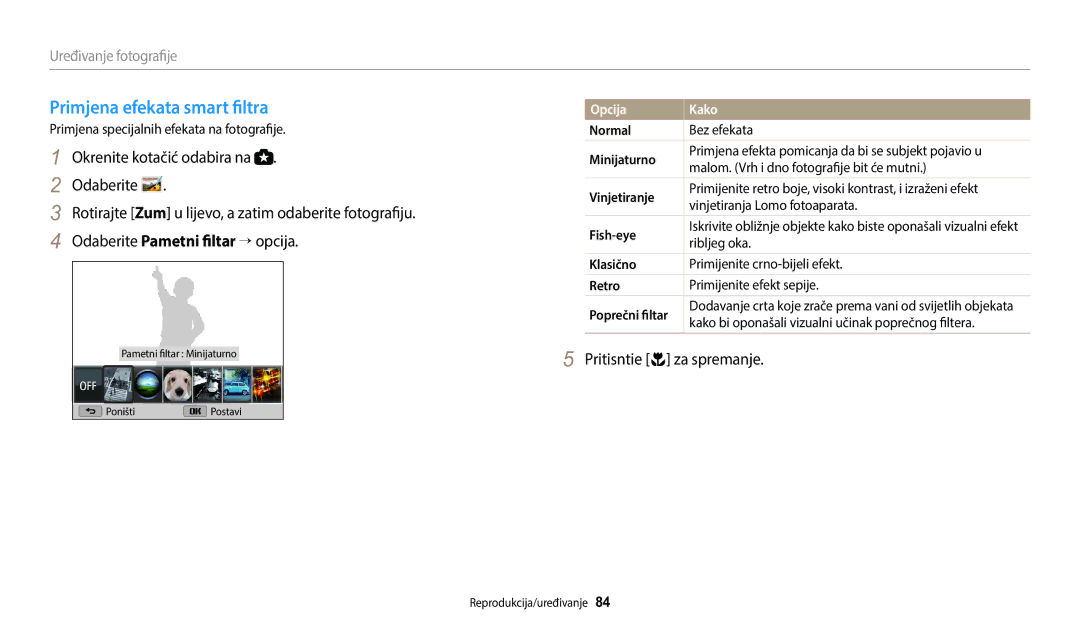 Samsung EC-WB1100BPBE3 manual Primjena efekata smart filtra, Pritisntie c za spremanje, Uređivanje fotografije, Normal 