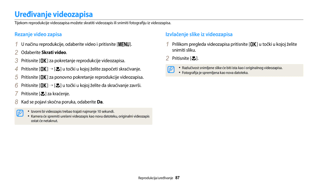 Samsung EC-WB1100BPBE3 manual Uređivanje videozapisa, Rezanje video zapisa, Izvlačenje slike iz videozapisa 