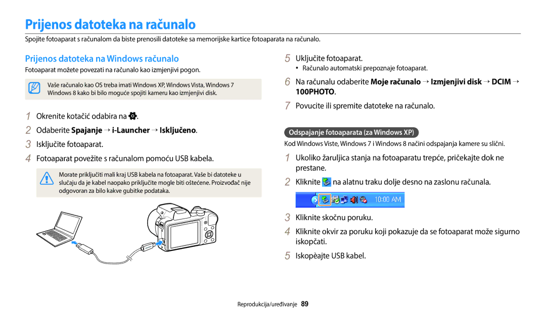 Samsung EC-WB1100BPBE3 manual Prijenos datoteka na računalo, Prijenos datoteka na Windows računalo 