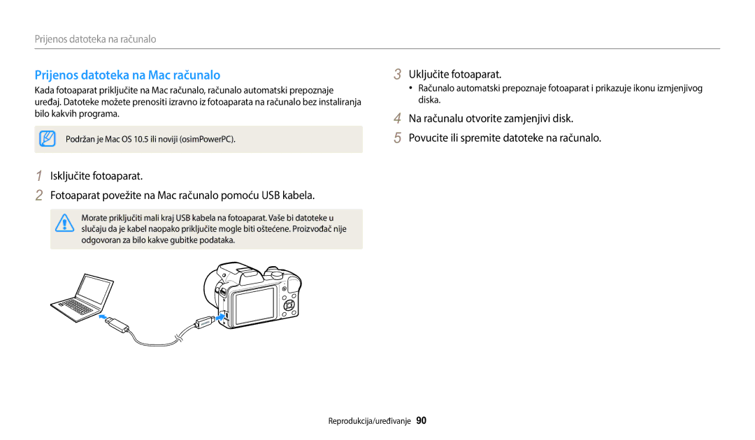 Samsung EC-WB1100BPBE3 manual Prijenos datoteka na Mac računalo, Prijenos datoteka na računalo 