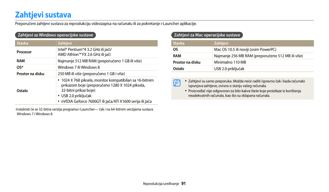 Samsung EC-WB1100BPBE3 Zahtjevi sustava, Zahtjevi za Windows operacijske sustave, Zahtjevi za Mac operacijske sustave 